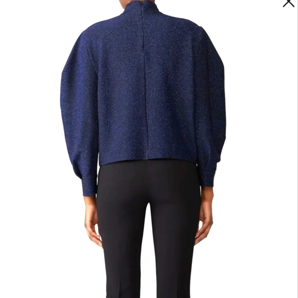 PatBo Metallic Navy Lurex Puff Sleeve Turtleneck Top Holiday Cocktail Party XS